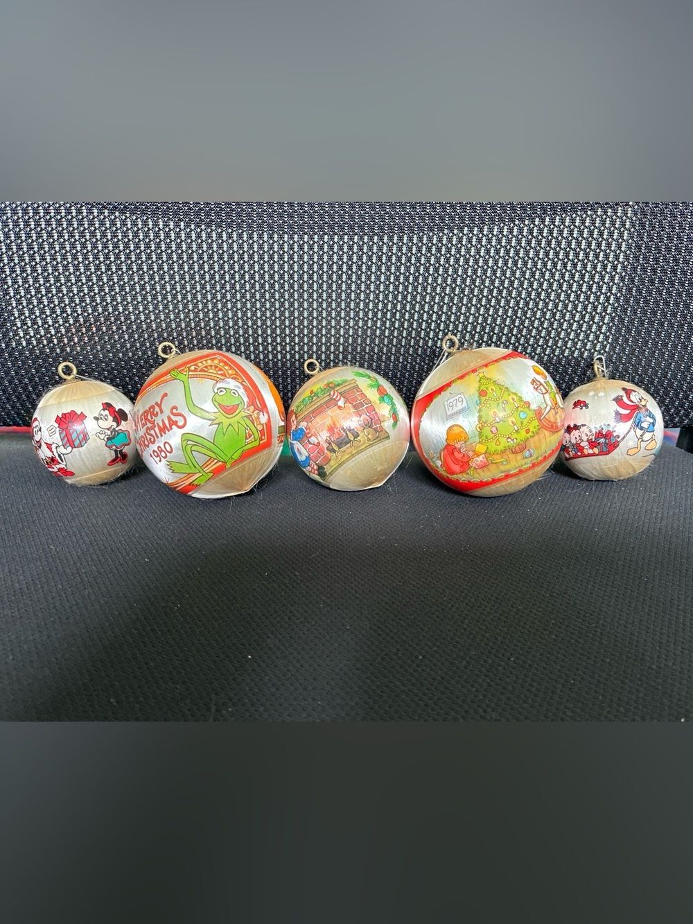 VTG 70s 80s Satin Holiday Character Ornaments Balls Mickey Muppets Raggedy Ann